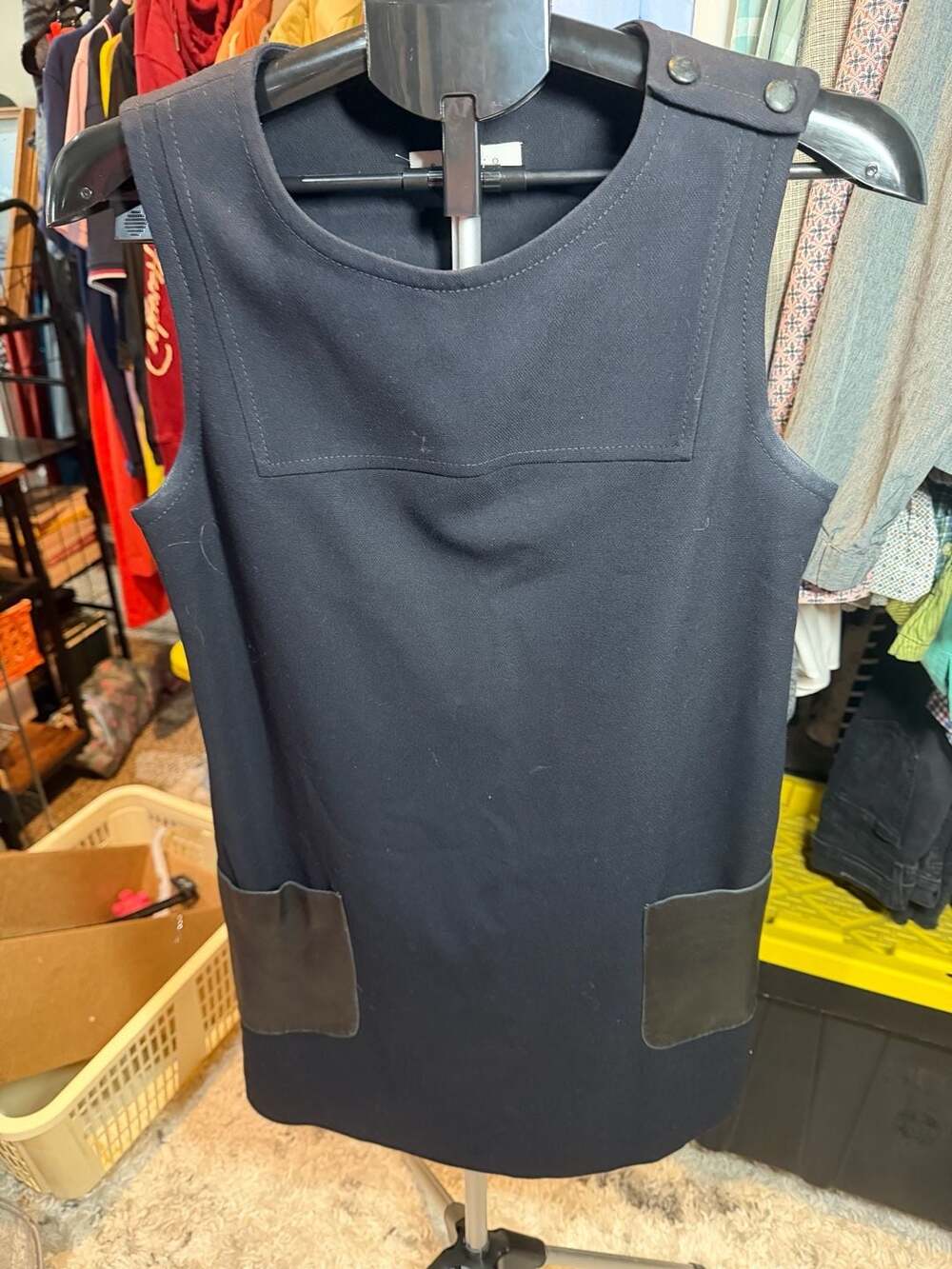 Sandro Sleeveless Pinafore Dress Size 3 Black Leather Pocket